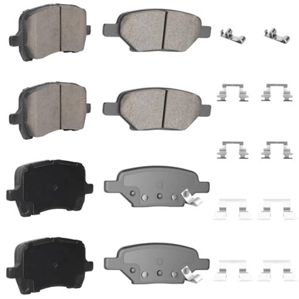 Ceramic brake pad set showing four pads, backing plates, and mounting clips