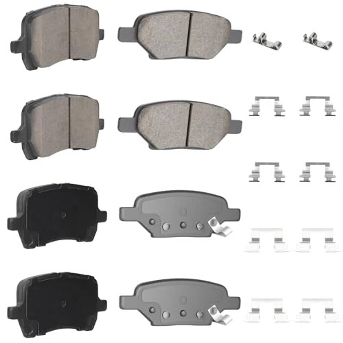 Ceramic brake pad set showing four pads, backing plates, and mounting clips