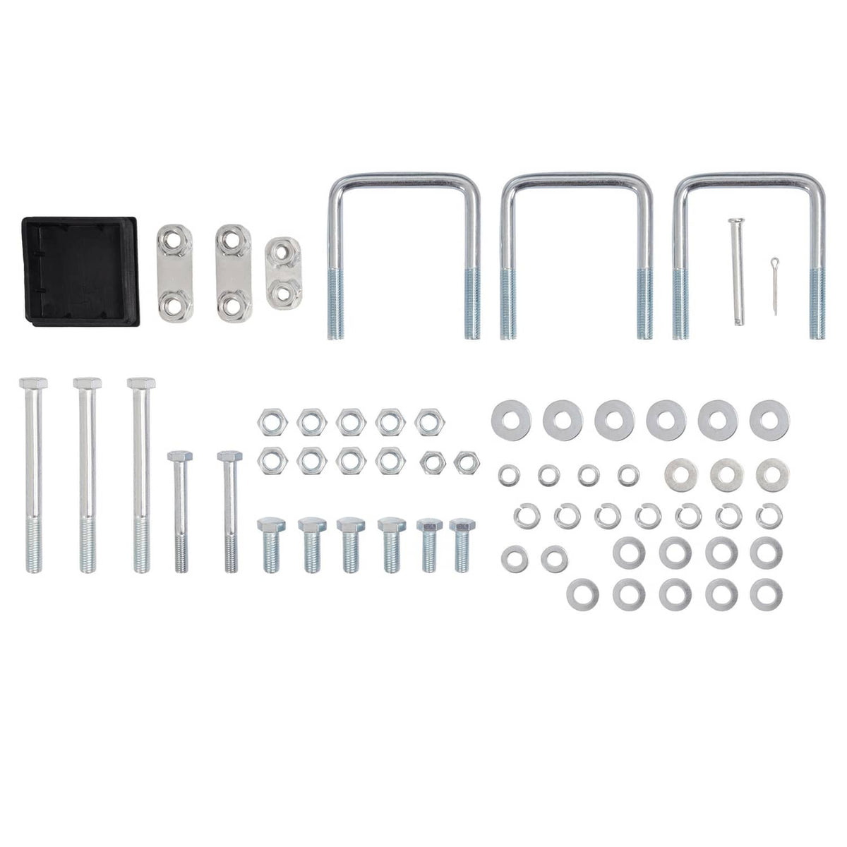 Winch stand hardware kit with brackets, U-bolts, washers, and black strap