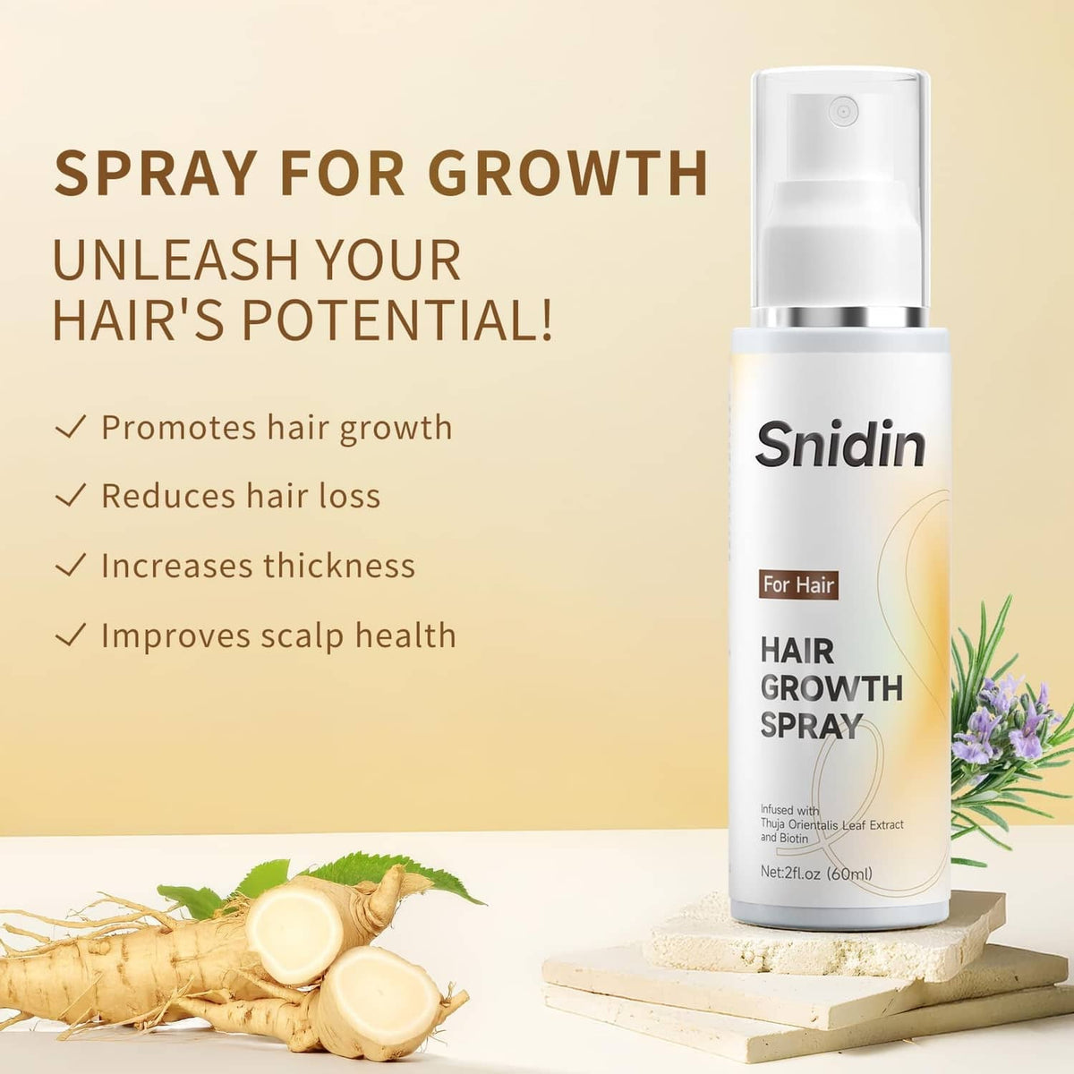 Hair growth spray bottle on stand with rosemary root and green herbs beside it