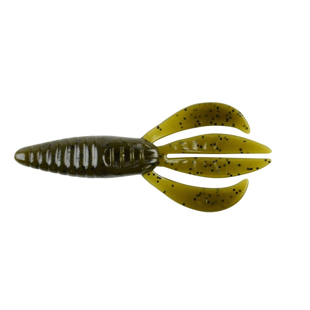 Green pumpkin soft plastic fishing lure with paddle tail and ribbed body