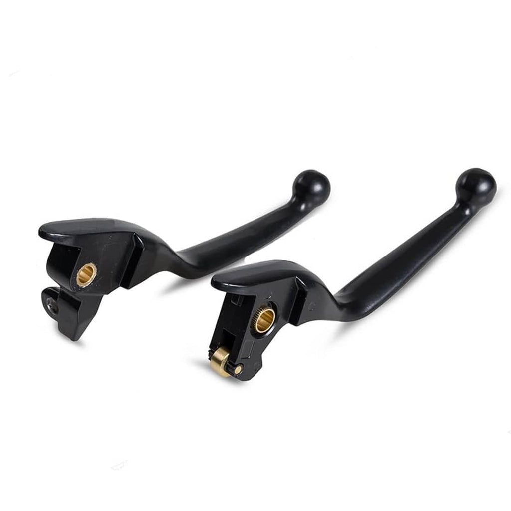 Black brake and clutch lever set with gold contact bolts on the mounting brackets