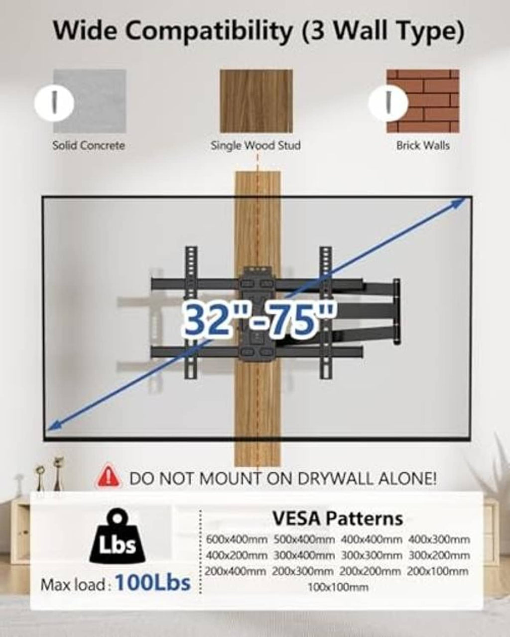TV wall mount showing mounting bars for studs and concrete surfaces