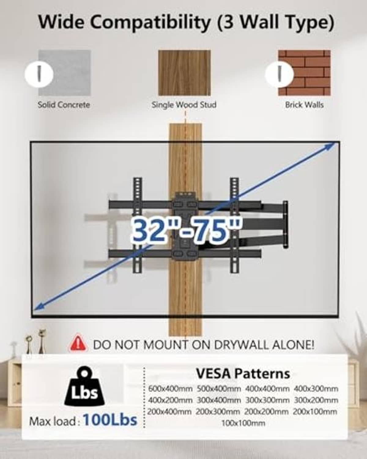 TV wall mount showing mounting bars for studs and concrete surfaces