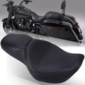 Black two-piece motorcycle seat for rider and passenger, contoured with stitching seams