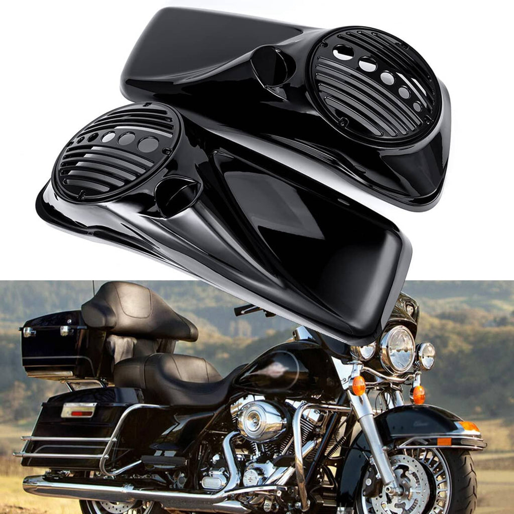 Black 8-inch speaker lids with tweeter ports, angled on motorcycle fairing