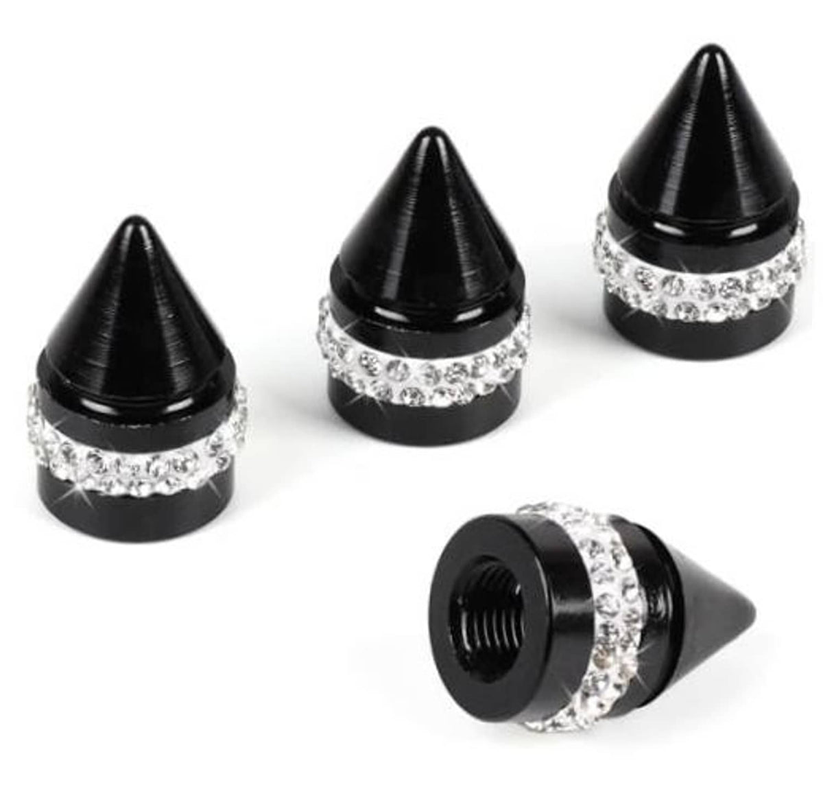 Black cone tire valve caps with a silver rhinestone band and crystal sparkle trim