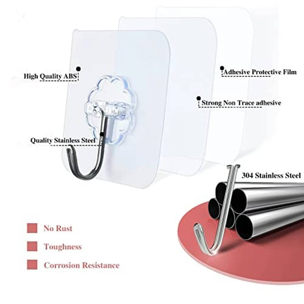 Adhesive wall hook with chrome metal hook and clear backing, showing stainless steel construction