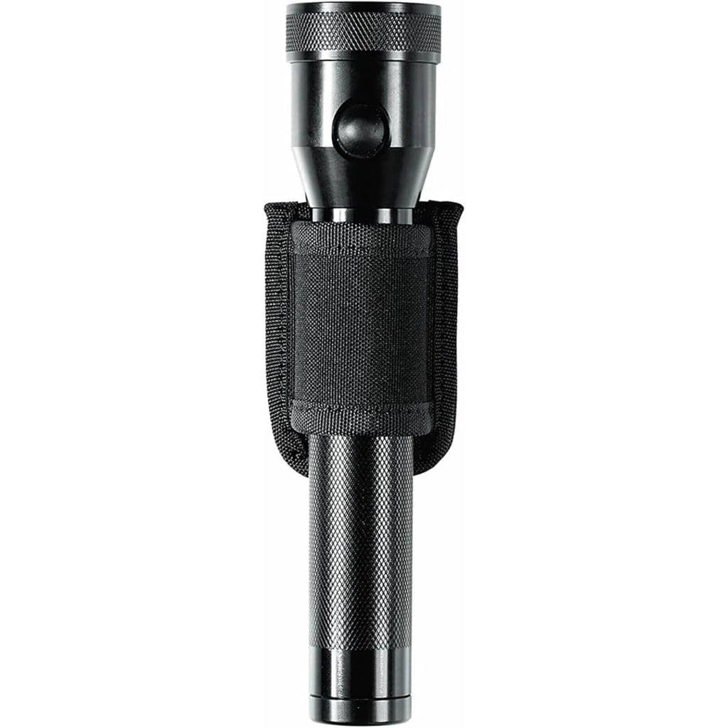 Black flashlight holder pouch fitted around a flashlight body, open top.
