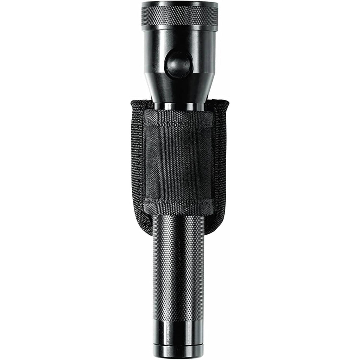 Black flashlight holder pouch fitted around a flashlight body, open top.