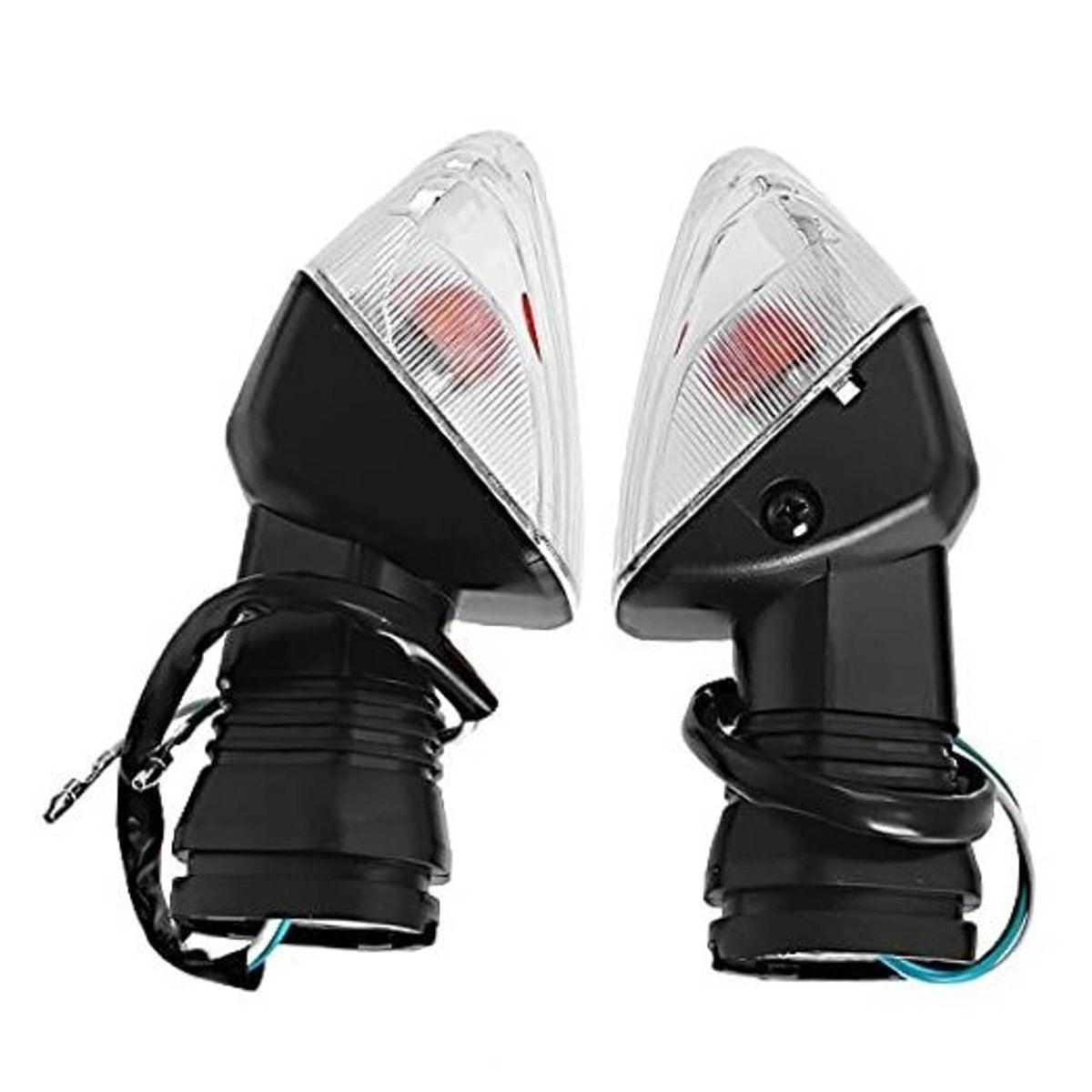 Pair of motorcycle turn signal indicator lights with clear lens, black housing, and wiring