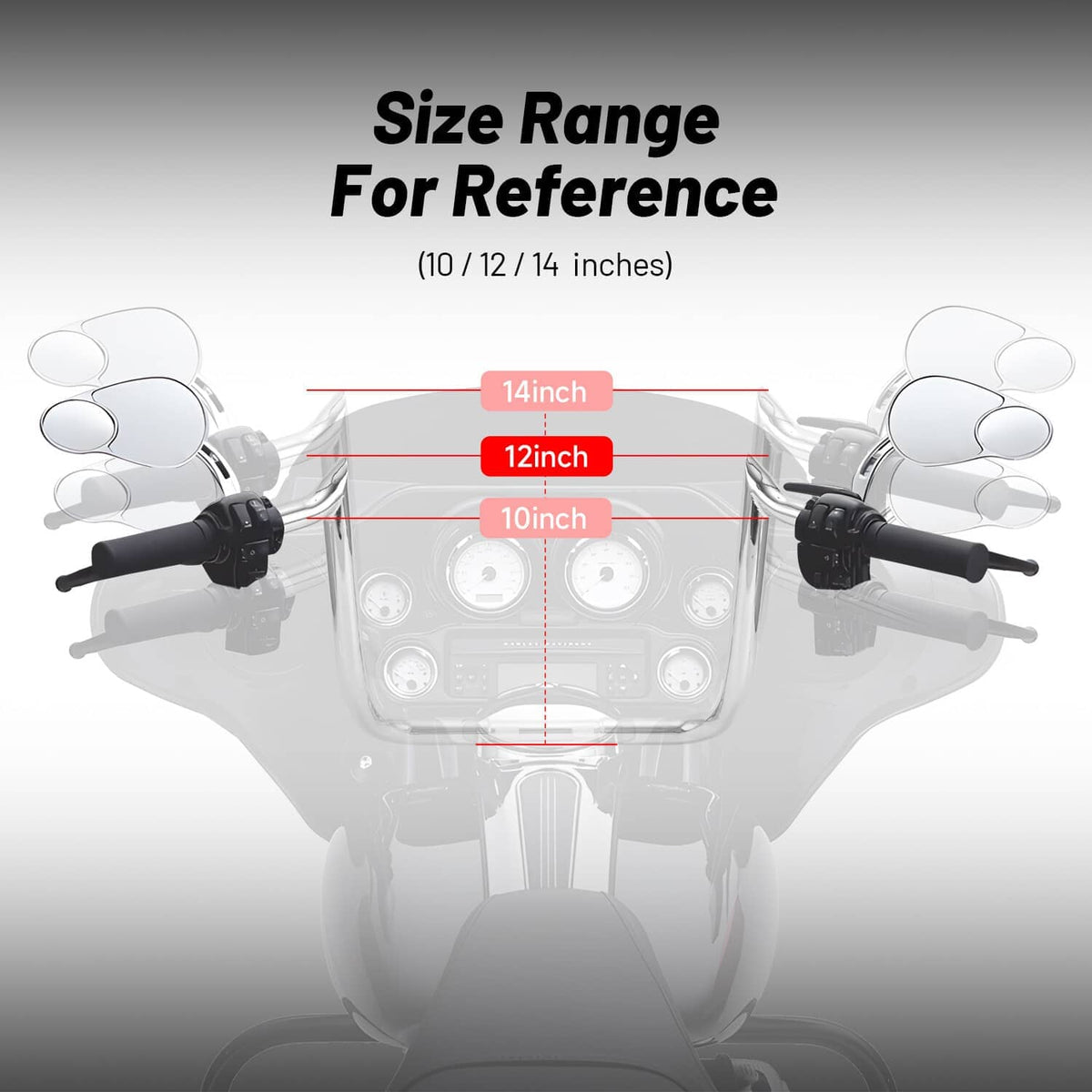 Handlebar size range chart showing 10, 12, and 14 inch measurements