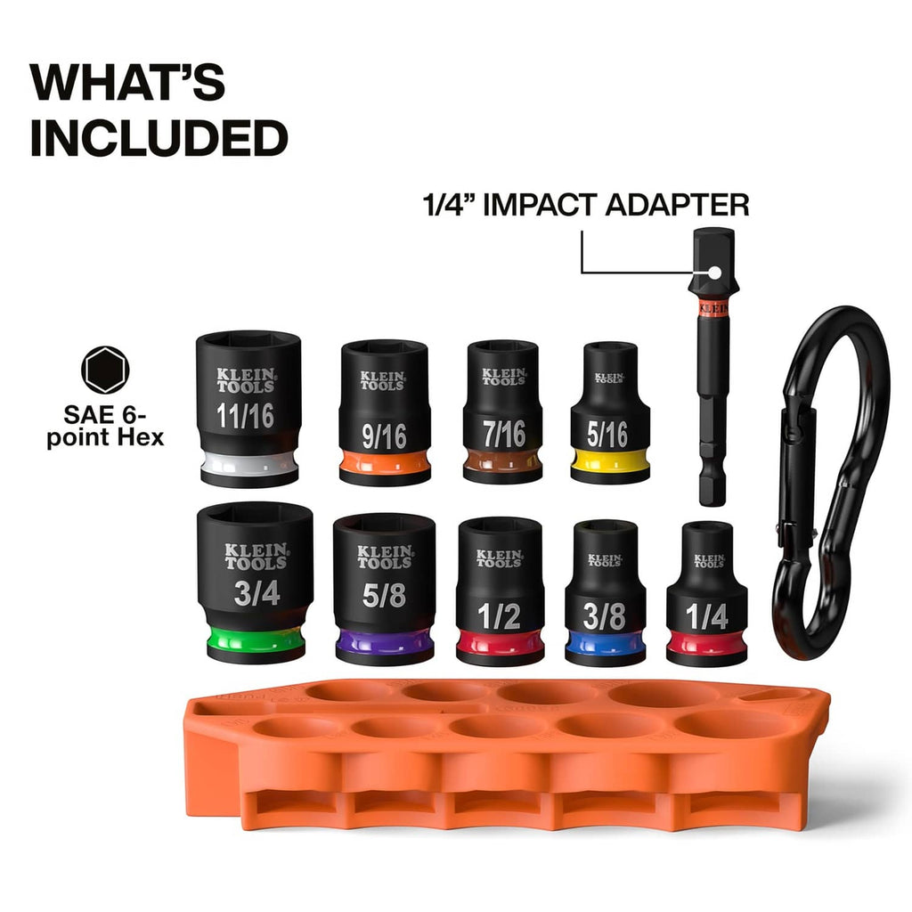 Impact socket set with 1/4 impact adapter and orange tray holding SAE hex sockets