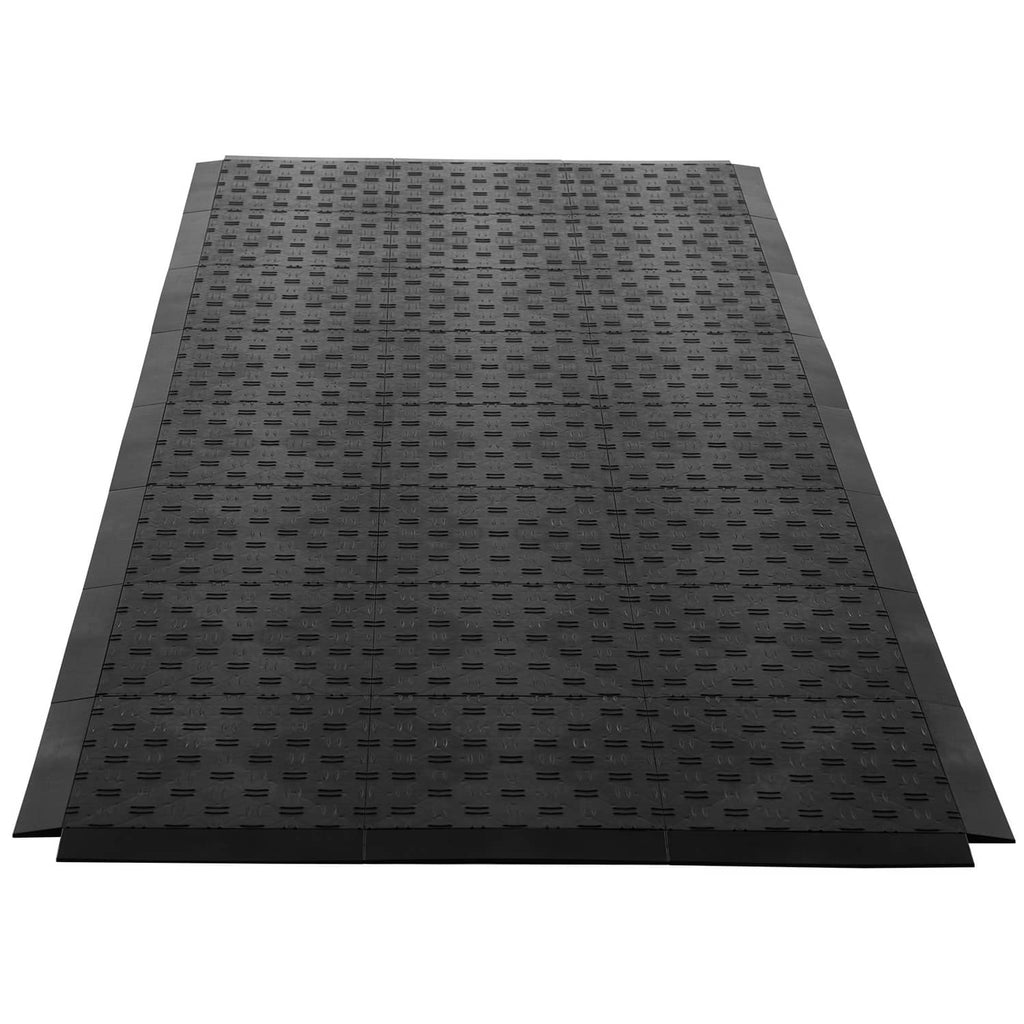 Black interlocking garage floor edge mat with square grid grip texture