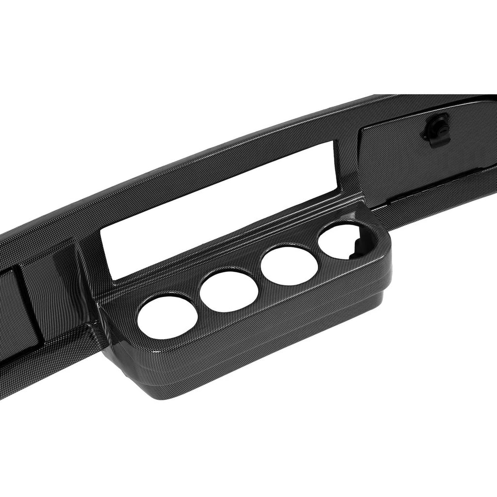 Black dashboard dash cover corner section with carbon-fiber texture and gauge cutouts