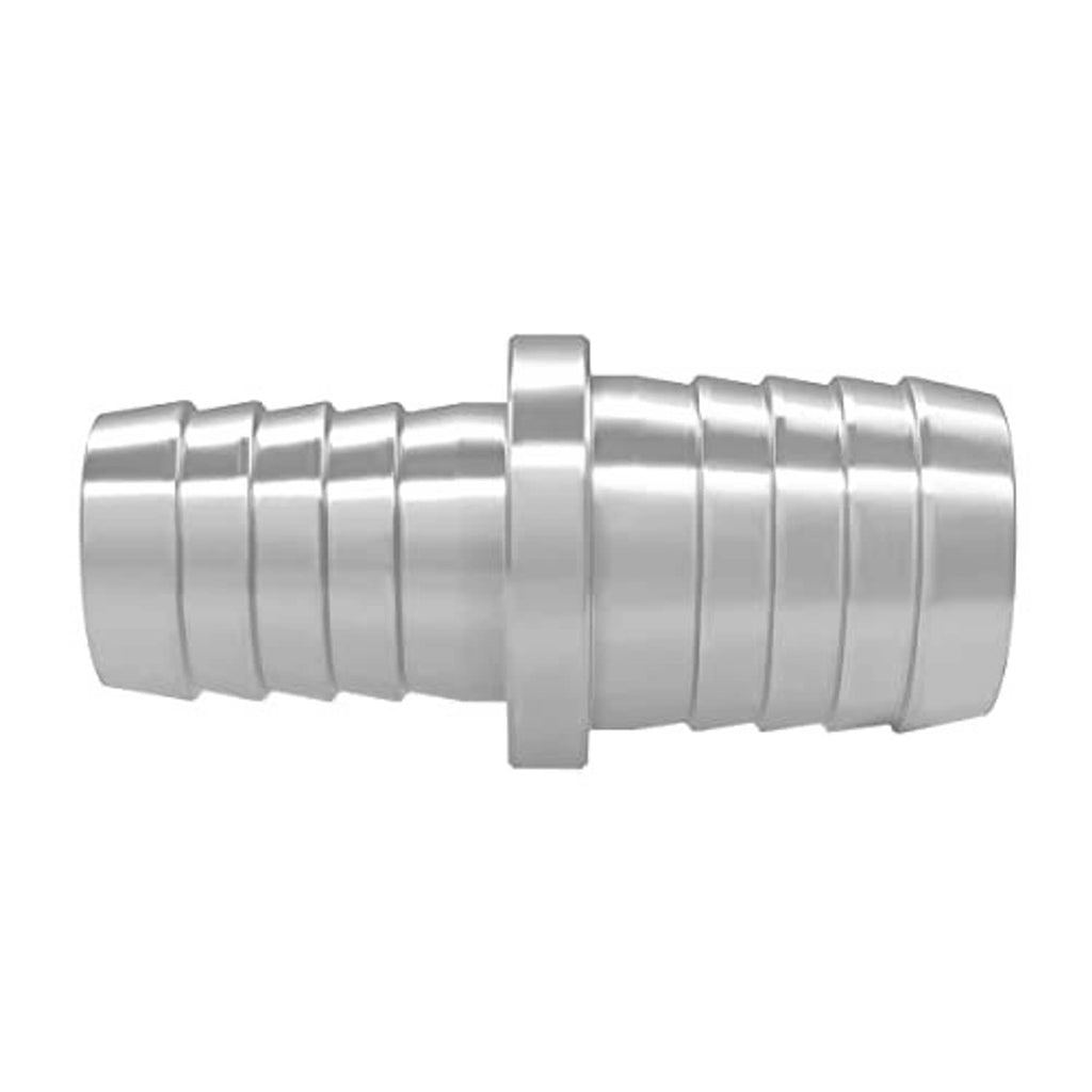 Metal hose barb coupler reducer, 5/8" to 3/4" stepped barbs, silver finish