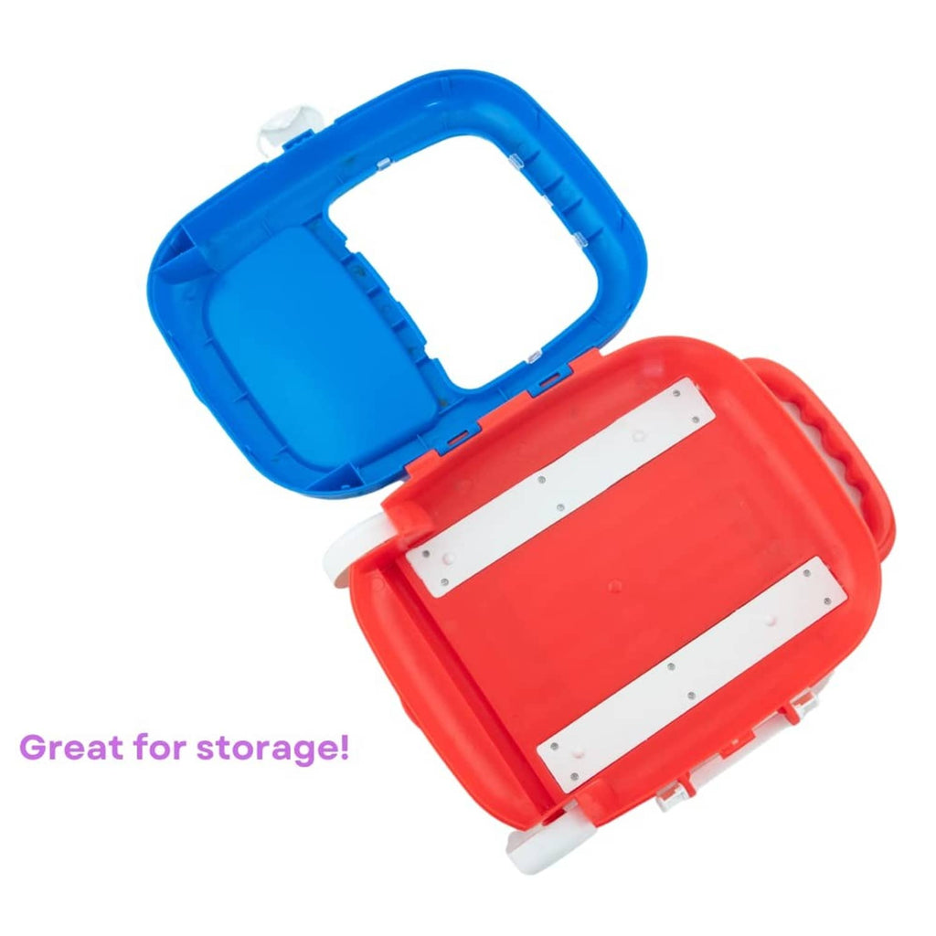 Open rolling case with red base and blue lid for storage