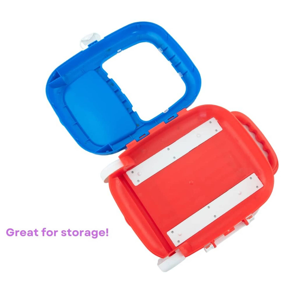 Open rolling case with red base and blue lid for storage