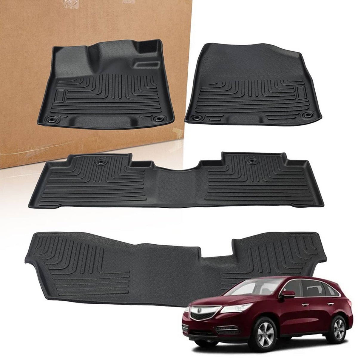 Black TPE floor mat set with molded channels and raised ridges, front and rear