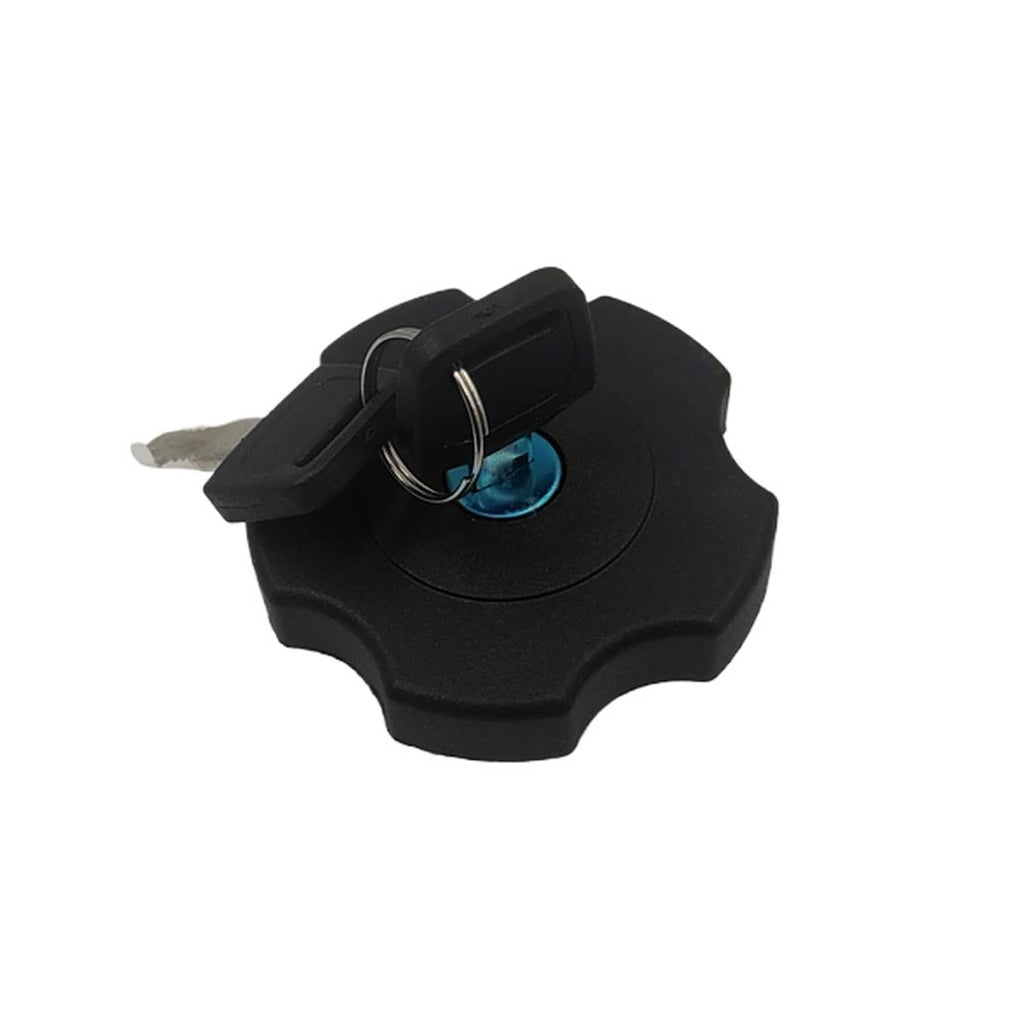 Fuel tank cap with key ring attached, black housing and blue lock cylinder