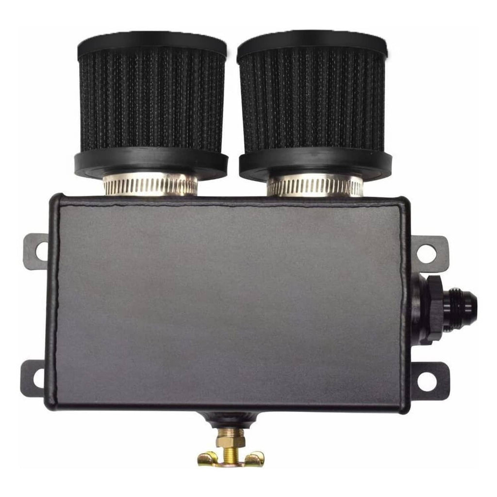 Black dual breather catch can reservoir with two pleated filters and side port connections