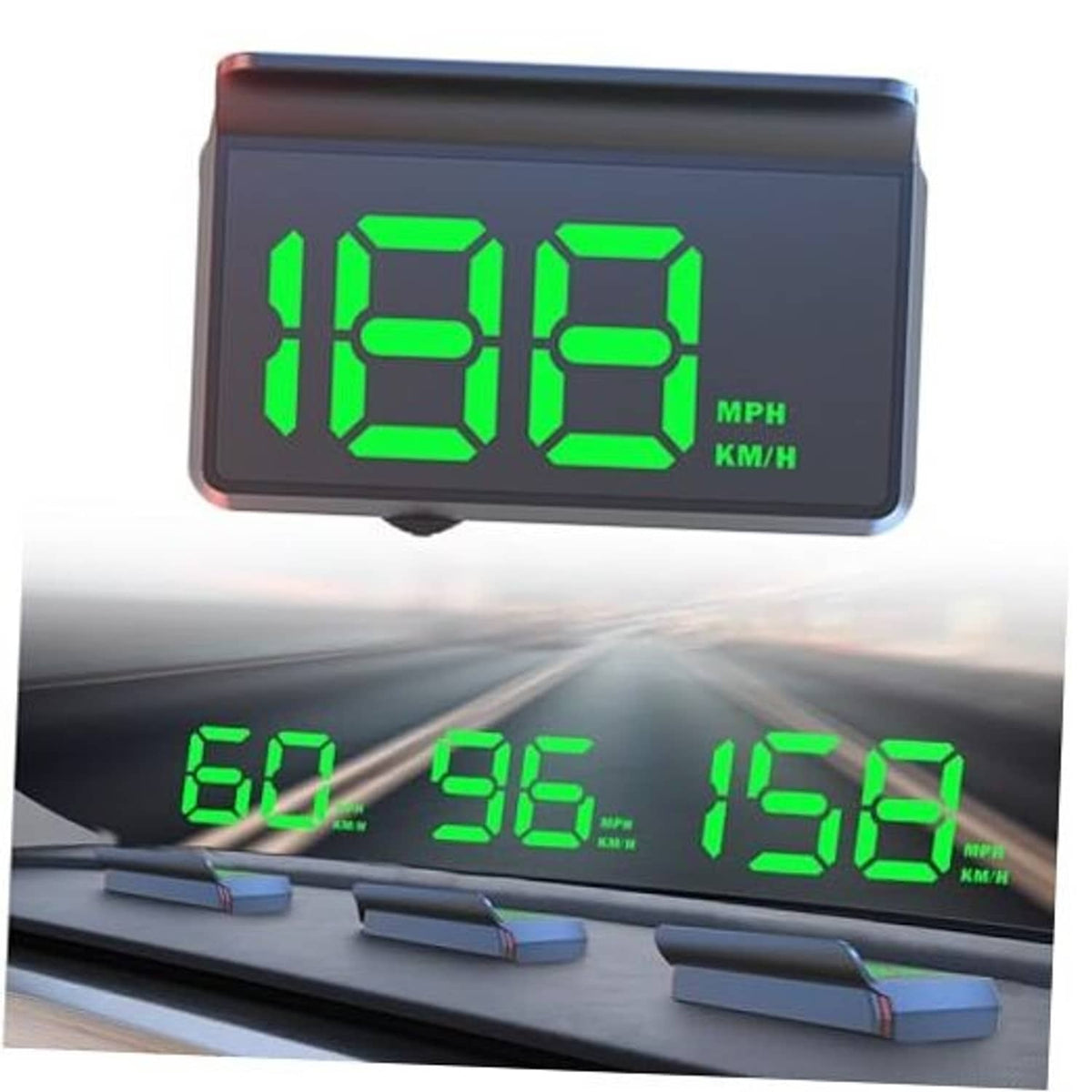 Auto-dimming HUD display showing bright green speed digits (MPH/KMH) on a dark screen