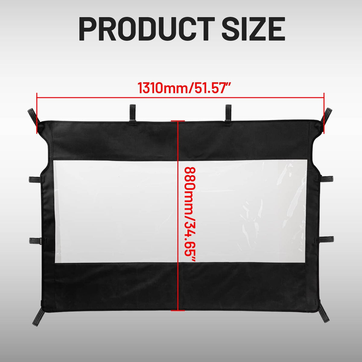 UTV soft rear windshield size view with black frame and clear window panel