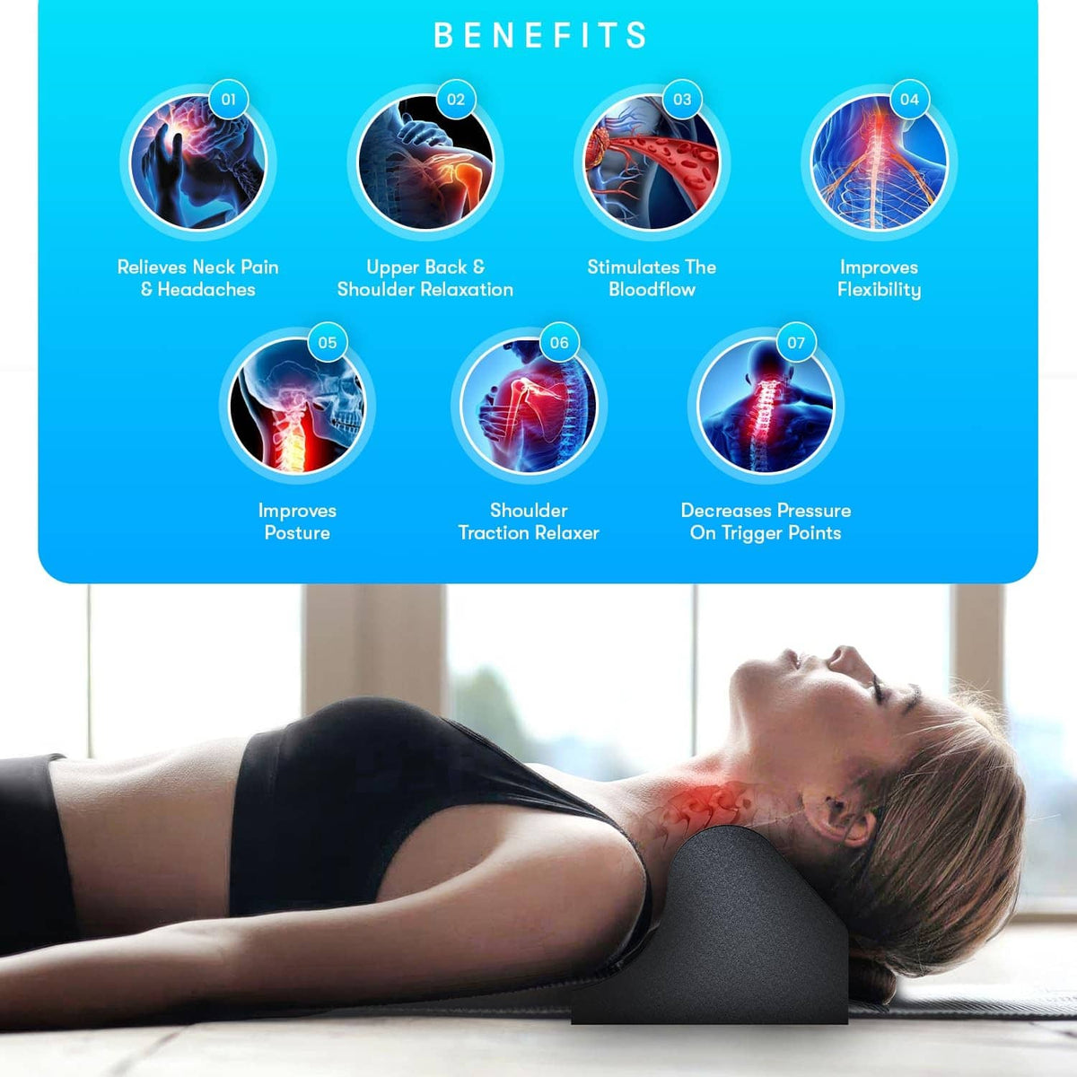 Black cervical traction orthotic foam support under neck for relaxation