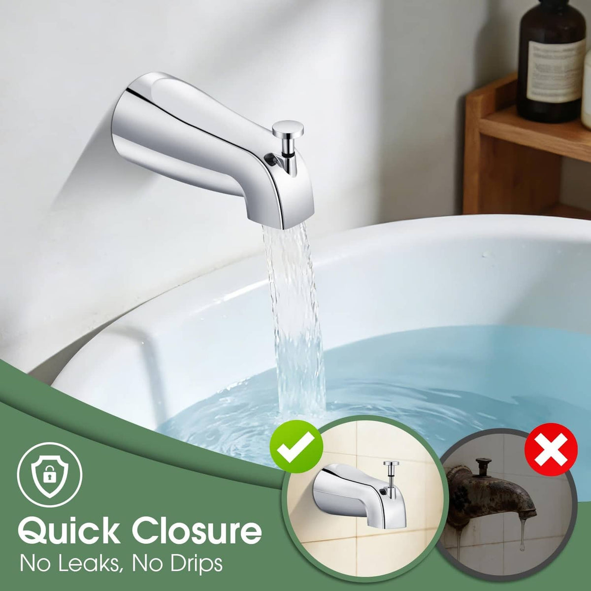 Chrome bathtub faucet spout with steady water stream into the tub