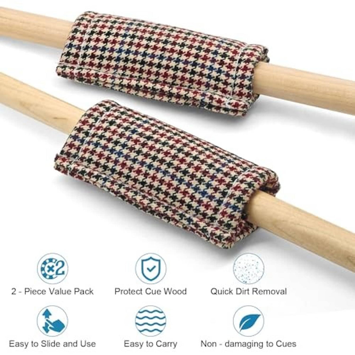 Two houndstooth cue-shaft cleaning cloths wrapped around cue sticks