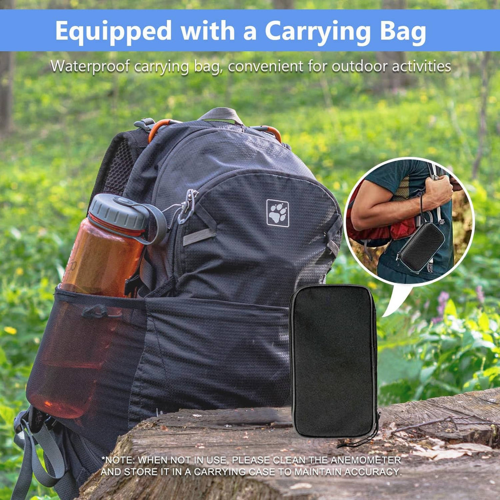 Digital anemometer stored in a black carrying pouch for outdoor use