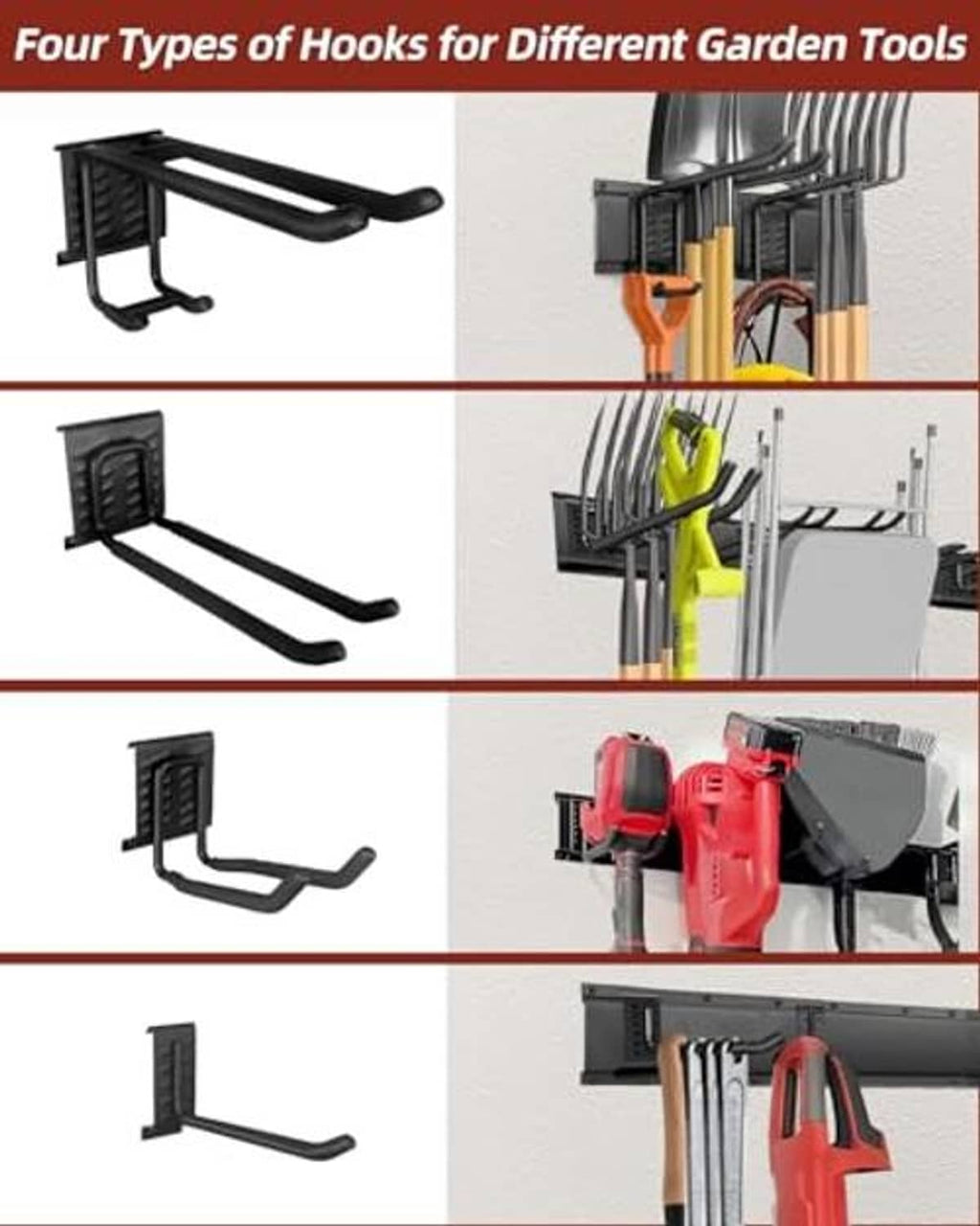 Set of black hook styles for wall tool rack, shown in multiple angles