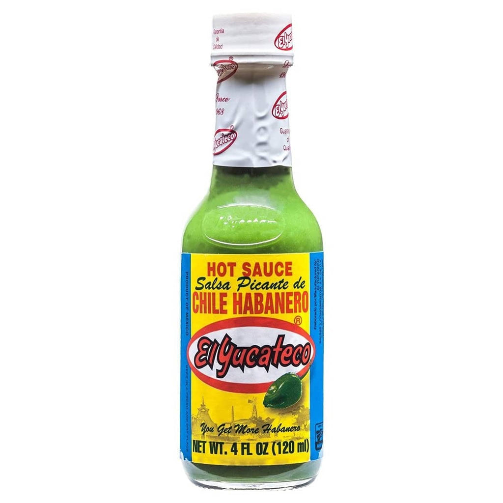 Green habanero hot sauce bottle with colorful label and red chili banner