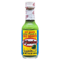 Green habanero hot sauce bottle with colorful label and red chili banner