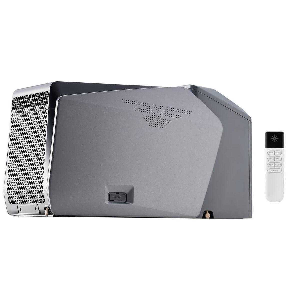 Light gray portable tent air conditioner with front grille and side control remote