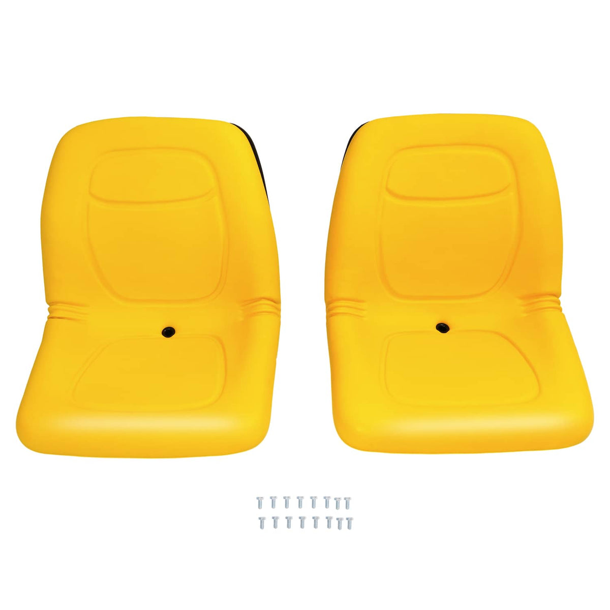 Two yellow seat cushions for Gator, front view, black trim and drain holes