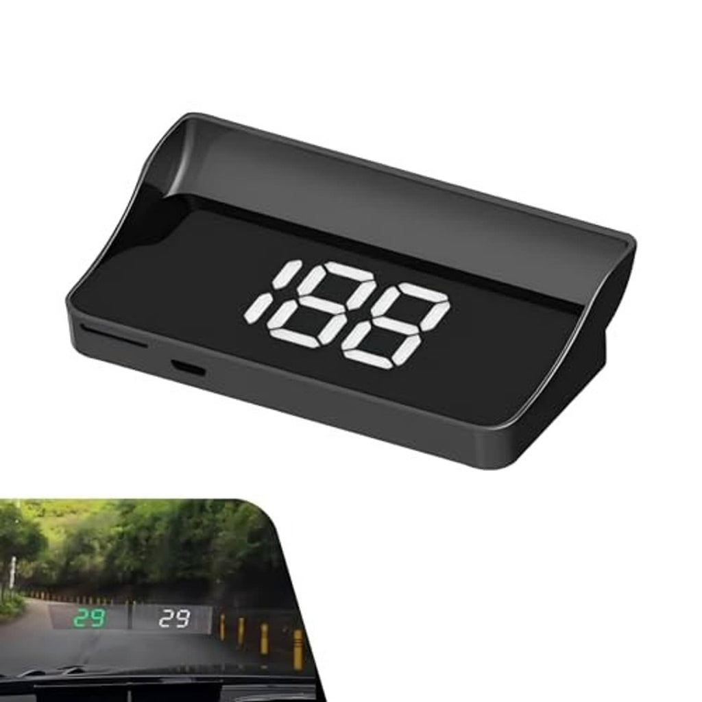 Car HUD digital speedometer projector with black housing and bright white digital reading