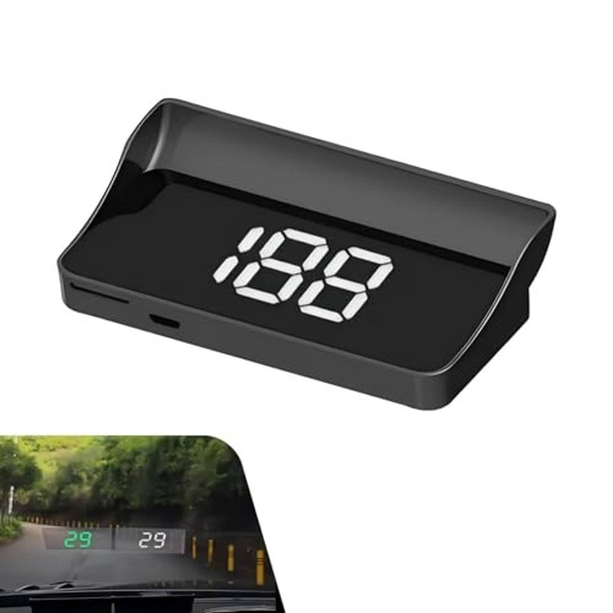 Car HUD digital speedometer projector with black housing and bright white digital reading