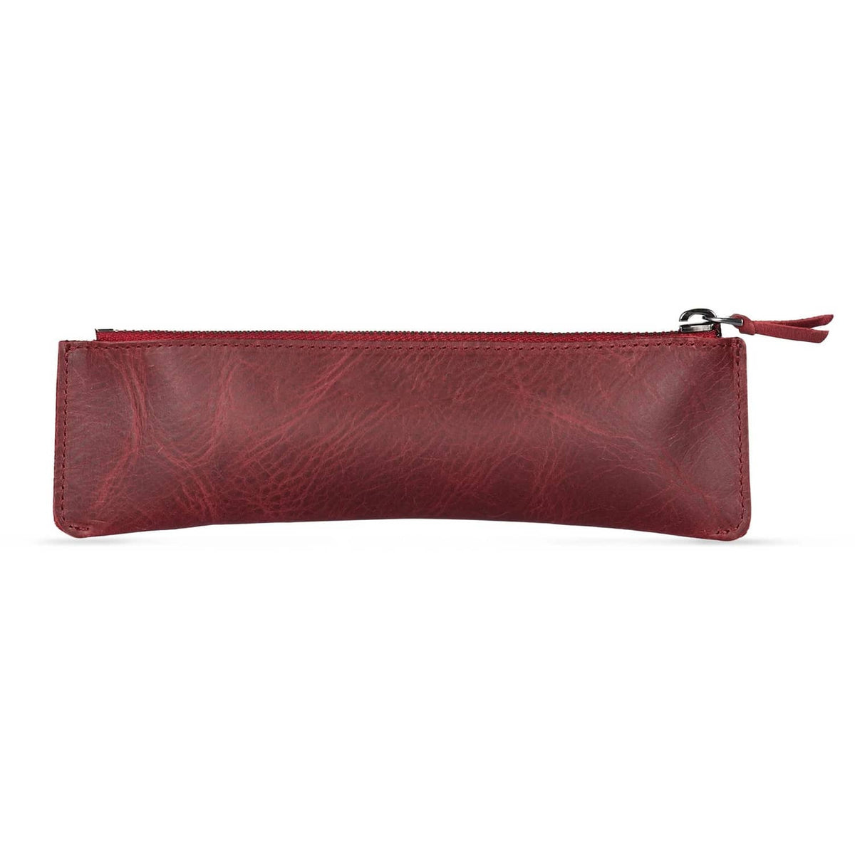 Londo maroon leather zip pen case, side view with tassel pull and embossed logo.