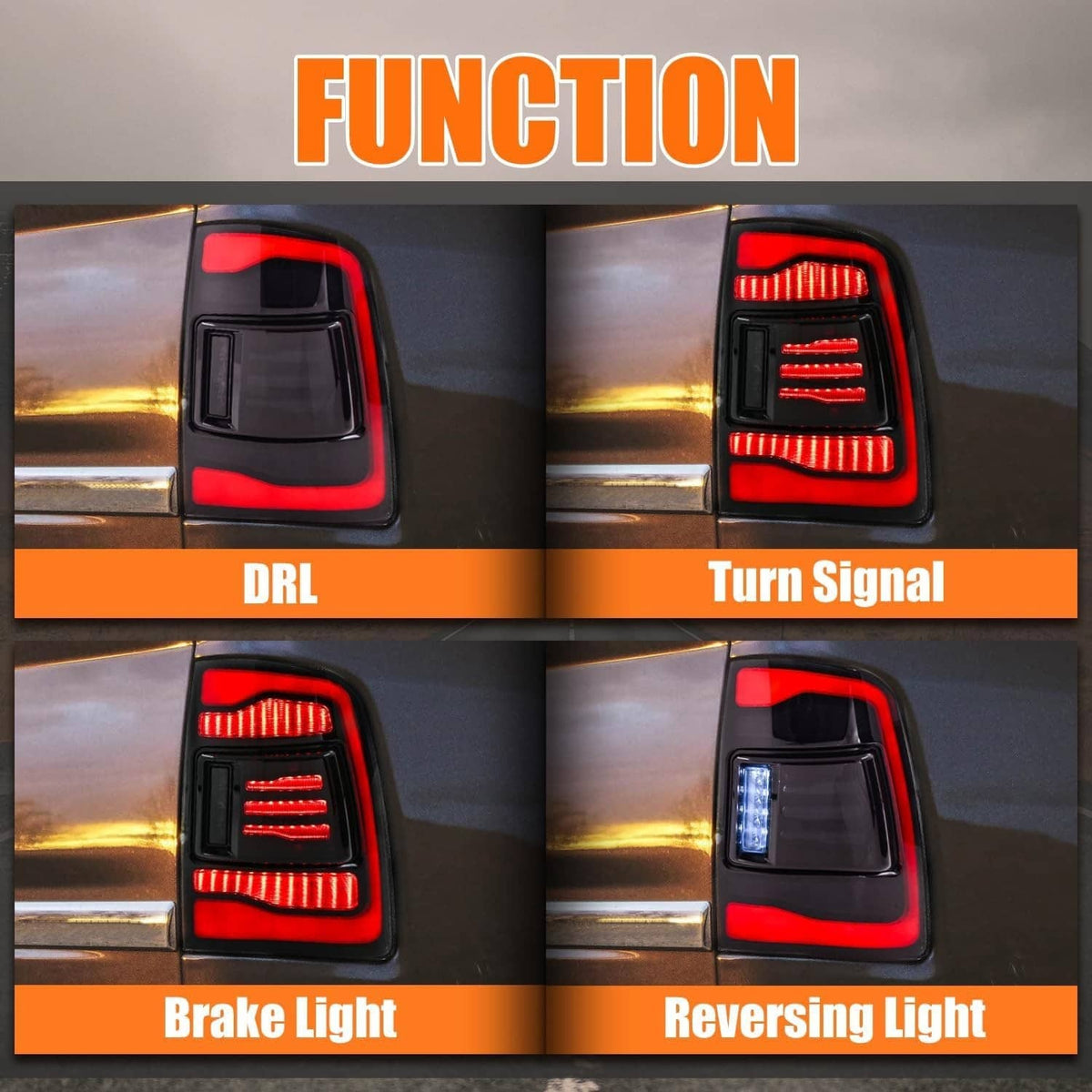 Smoked LED tail light set displaying DRL, turn signal, brake, and reversing light LEDs