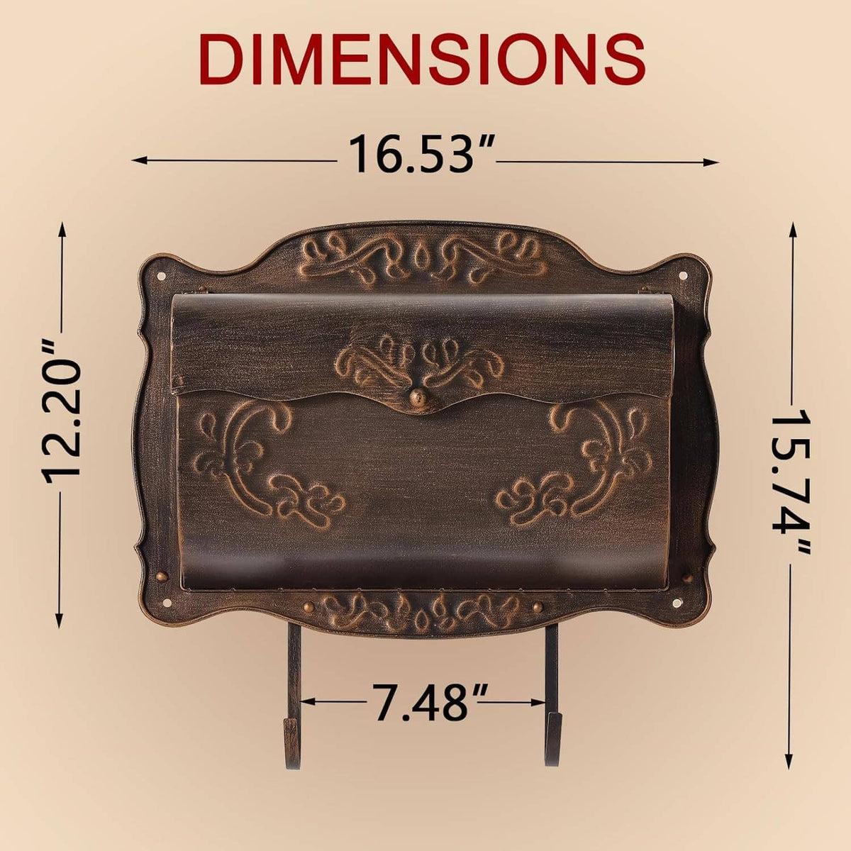 Bronze-brown vintage wall mailbox with embossed Fleur-de-lis and two mounting hooks
