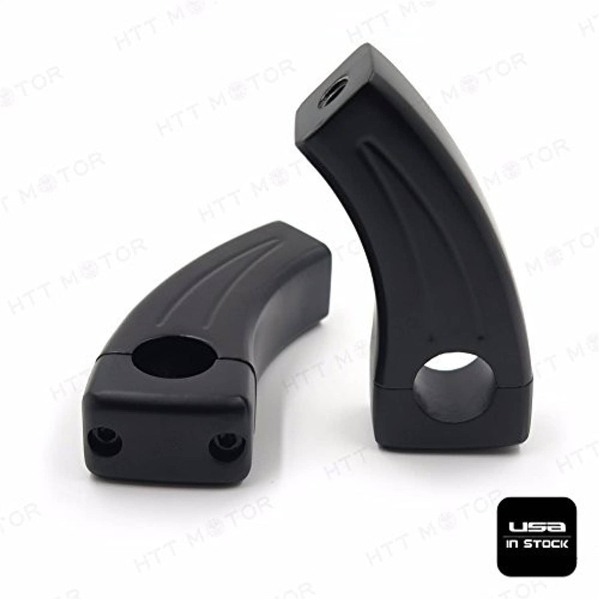 Black handlebar riser blocks with circular opening and flat base with bolt holes (pair)