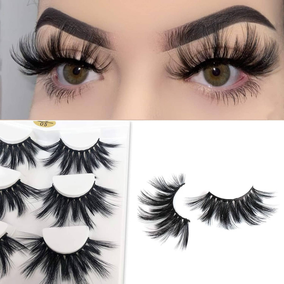 Fluffy black faux mink volume lashes on model, close-up of stacked band