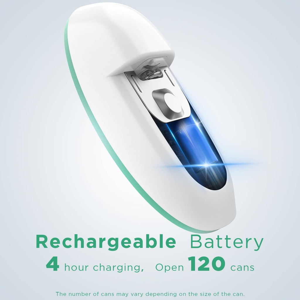Teal handheld rechargeable can opener with power light and charging cable.