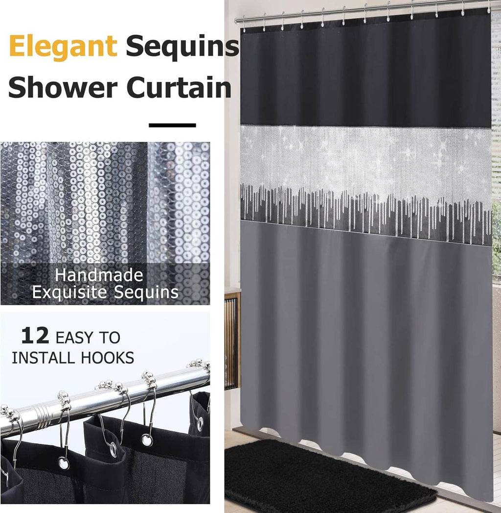 Black shower curtain with glitter sequin panel and hanging hooks along top edge