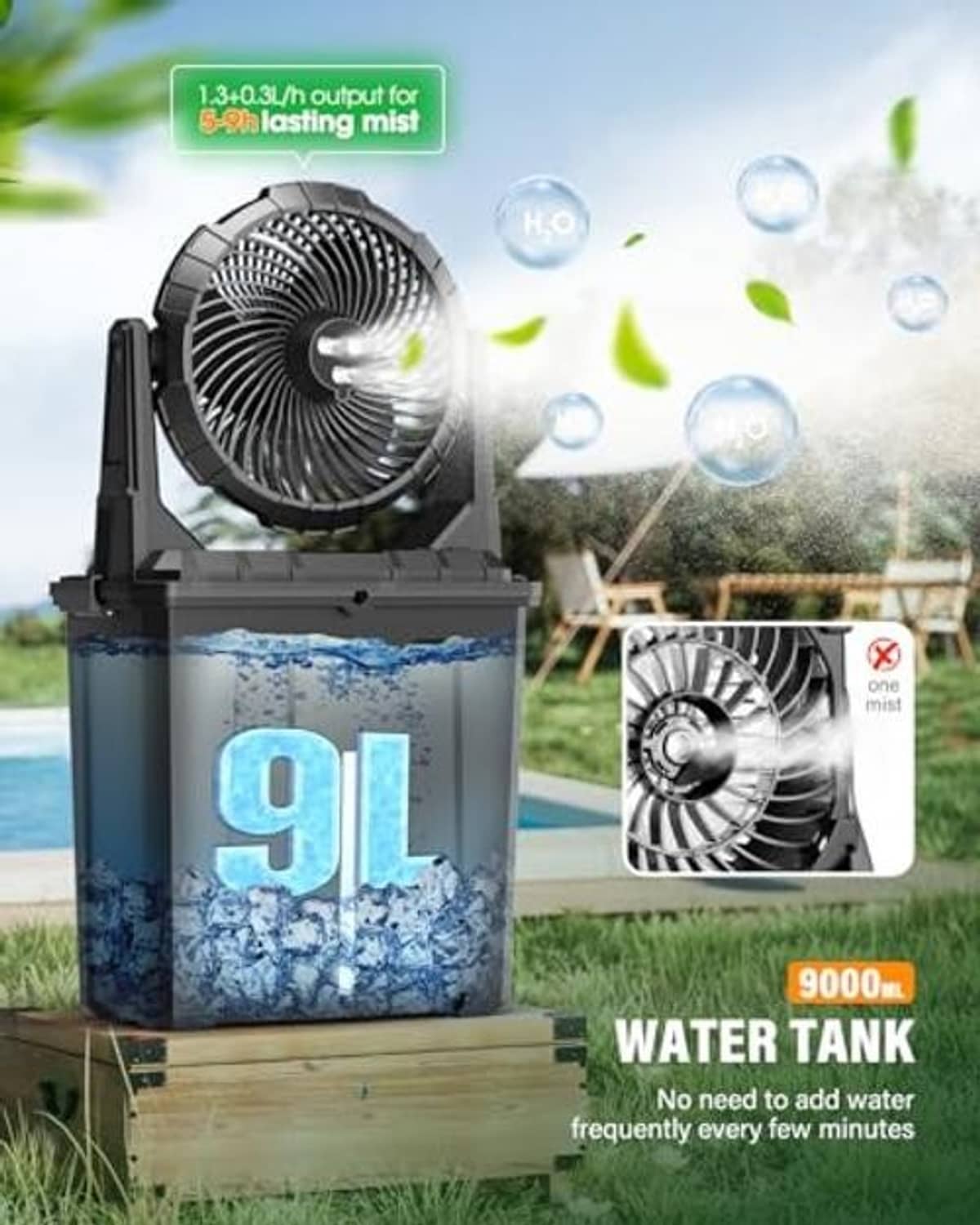 Black 9L misting fan with visible water tank and mist spray effect