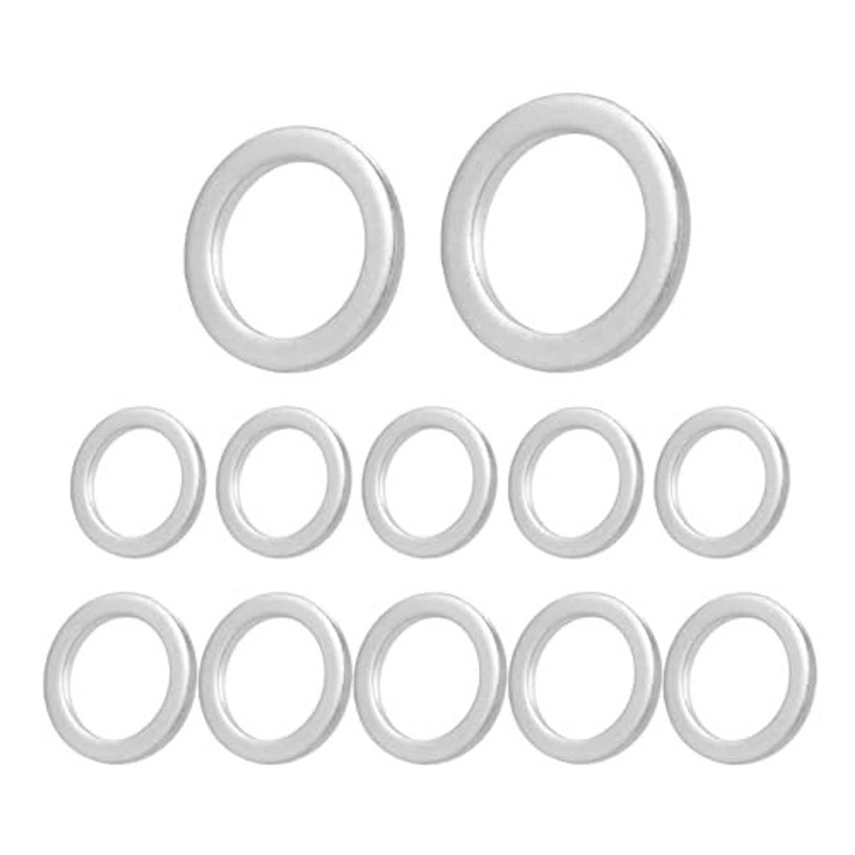 Oil drain plug crush washer gaskets, round aluminum washers arranged in rows