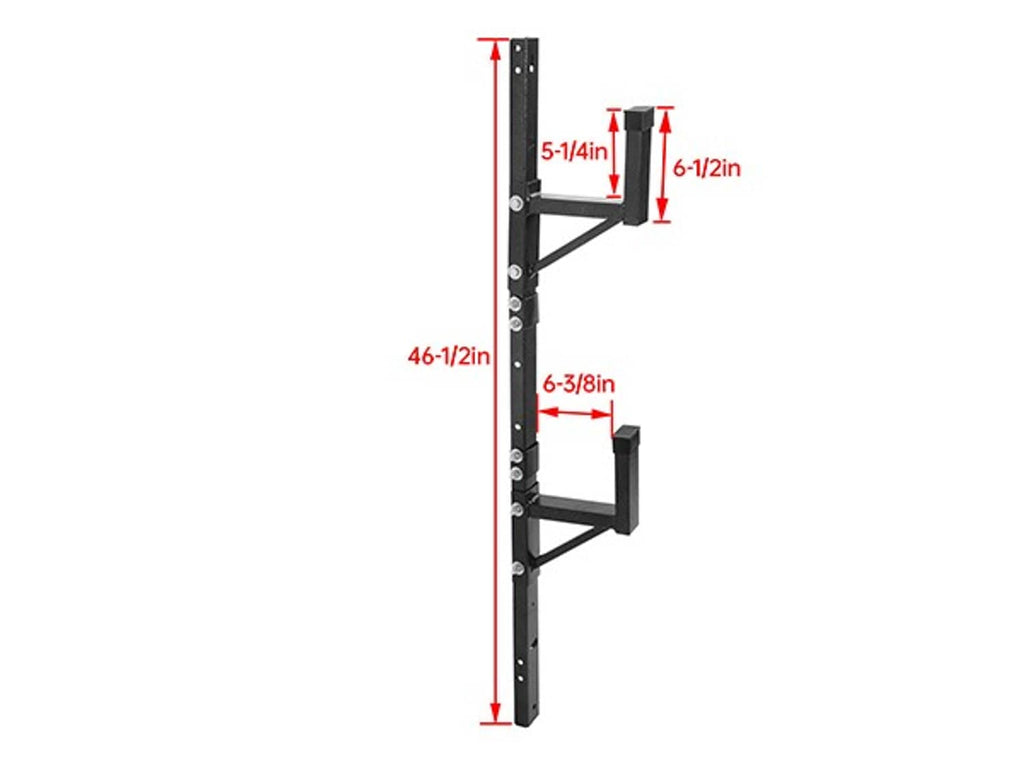 Adjustable trailer side ladder rack with stepped support and mounting post dimensions