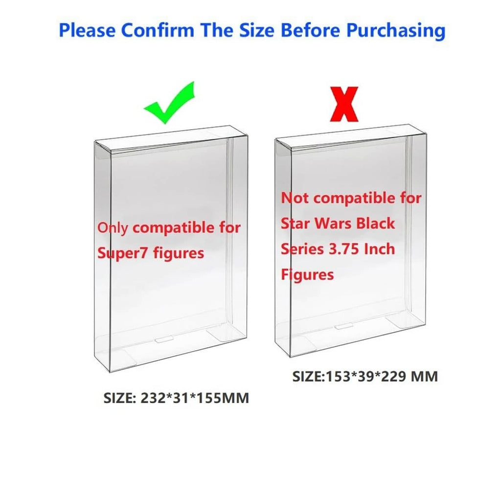 Clear protector case shown upright with hinged edges for figure box storage