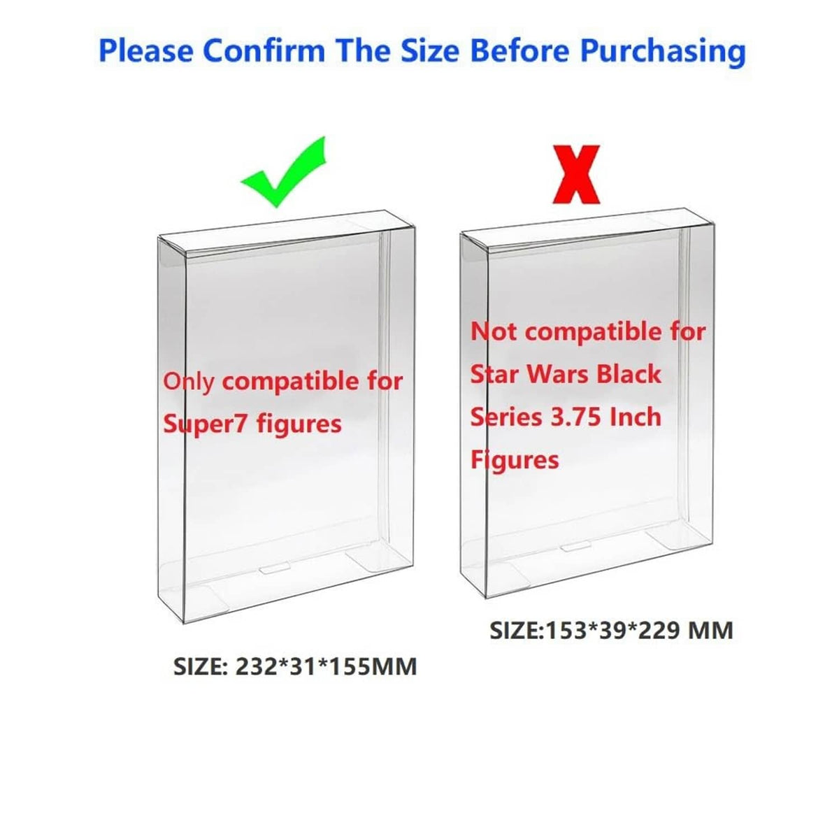 Clear protector case shown upright with hinged edges for figure box storage